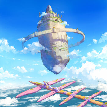 1other ambiguous_gender blue_sky cloud commentary_request day fantasy floating_island flying highres horizon katou_oswaldo ocean original outdoors scenery sky very_wide_shot