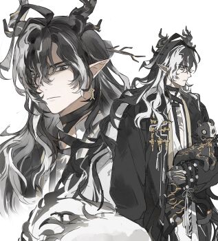 Rule 34 | 1boy, absurdres, animal, arknights, bandaged neck, bandages, black hair, black robe, cat, chinese clothes, closed mouth, colored extremities, commentary request, dragon boy, dragon horns, dragon tail, earrings, eastern dragon horns, eastern dragon tail, hair between eyes, highres, holding, holding animal, holding cat, horns, jewelry, korean commentary, long hair, long sleeves, looking at viewer, male focus, mask, muhan012, multicolored hair, multiple views, pointy ears, robe, shaded face, streaked hair, tail, wang (arknights), white background