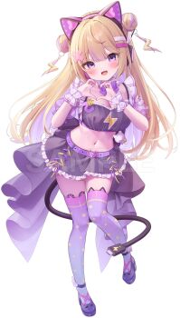 1girl animal_ear_headphones animal_ear_legwear animal_ears axent_wear belt black_shirt black_skirt blonde_hair bow bowtie breasts cat_ear_headphones cat_ear_legwear cat_ears cleavage colored_inner_hair commentary_request crop_top detached_sleeves double_bun electric_plug electric_plug_tail fake_animal_ears fangs frilled_skirt frills full_body gradient_legwear hair_bun headphones heart heart_hands highres indie_virtual_youtuber large_breasts long_hair looking_at_viewer midriff miniskirt mole mole_on_breast monuke_(monu) multicolored_hair navel open_mouth purple_eyes purple_hair purple_shoes purple_thighhighs shirt shoes short_sleeves simple_background skirt smile solo stomach streaked_hair tail thighhighs two-tone_hair virtual_youtuber white_background wrist_cuffs zettai_ryouiki