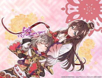 2girls anniversary aqua_eyes assault_lily black_dress black_shoes breasts brown_hair chinese_clothes closed_eyes closed_mouth commentary_request detached_sleeves dress dutch_angle finger_to_own_chin flats floating_hair floral_background fur-trimmed_dress fur_trim futou_ryouko gradient_background grey_hair hair_between_eyes hand_on_own_stomach hand_up lap_pillow long_hair long_sleeves looking_at_viewer lying medium_breasts multicolored_hair multiple_girls official_alternate_costume official_alternate_hairstyle official_art on_back parted_lips pink_background red_dress sasaki_ran serizawa_chikaru shoe_soles shoes sidelocks sleeping sleeping_on_person sleeves_past_wrists smile streaked_hair topknot two-tone_dress very_long_hair white_dress wide_sleeves xiao_guan_(headdress)