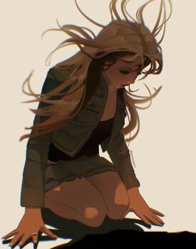 1girl black_shirt brown_hair closed_eyes commentary dark-skinned_female dark_skin english_commentary floating_hair grey_skirt highres hiroshi_(hiiroshiiii) jacket kneeling long_hair long_sleeves miniskirt pinkpantheress real_life shirt skirt solo twitter_username