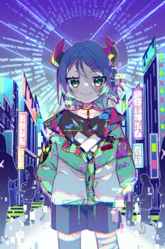 Rule 34 | 1girl, absurdres, bandaged leg, bandages, black shirt, black shorts, black thighhighs, blue hair, blush stickers, city, commentary, cowboy shot, cyberpunk, green eyes, green jacket, grin, hair ornament, hairclip, halloween, highres, horns, jacket, long sleeves, looking at viewer, night, notamaru 2, original, outdoors, parallel hairclips, people, pink horns, shirt, short hair, shorts, single thighhigh, smile, solo, solo focus, thighhighs