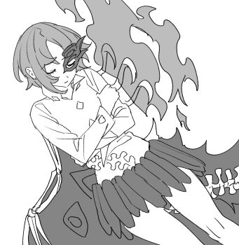 1girl closed_eyes closed_mouth commentary_request eyes_on_wings facing_viewer greyscale half_mask highres iwanaga_ariya long_sleeves mask mask_over_one_eye mero_(starfish_jcs) monochrome shirt skeletal_clothes skeletal_tail skeletal_wings skirt solo tail touhou wings
