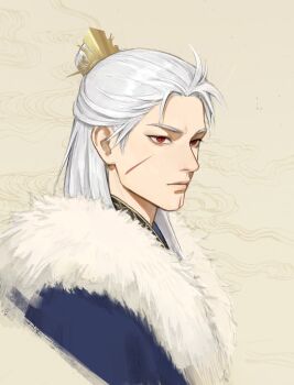 1boy alternate_costume alternate_eye_color alternate_hair_color coat costume_request expressionless fur-trimmed_coat fur_trim highres lips long_hair male_focus mature_male mdun1028 naruto_(series) naruto_shippuuden portrait red_eyes sanpaku senju_tobirama solo tsurime white_hair