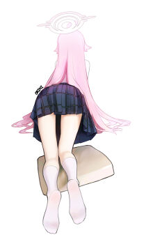 1girl absurdres blue_archive blue_skirt from_behind halo highres hoshino_(blue_archive) long_hair orini pink_hair pink_halo pleated_skirt school_uniform shirt skirt socks solo white_shirt white_socks