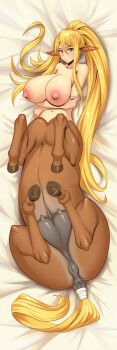 1girl absurdres animal_ears anus bandaged_tail bed_sheet blonde_hair blue_eyes breasts centaur centorea_shianus closed_mouth collarbone commentary completely_nude crossed_arms crotch_boob dakimakura_(medium) extra_breasts full_body hair_between_eyes highres horse_ears horse_tail jotun22 large_breasts long_hair looking_at_viewer lying monster_girl monster_musume_no_iru_nichijou multiple_legs navel nipples nude on_back pointy_ears ponytail pussy shadow sidelocks smile solo tail taur uncensored very_long_hair