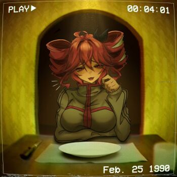 1girl :3 ahoge arm_rest arm_under_breasts backrooms_(2026_film) backrooms_(creepypasta) black_bow blurry blurry_foreground bow breasts brown_jacket doorway drill_hair elbow_rest english_text gumitetoyuri hair_bow high_collar indoors jacket kasane_teto large_breasts long_sleeves looking_at_viewer multicolored_hair open_mouth plate red_eyes red_hair short_hair sidelocks solo streaked_hair table timestamp twin_drills utau wallpaper_(object) white_streaks