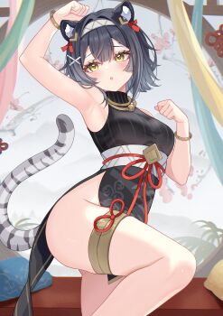 1girl :o absurdres amber_(stella_sora) animal_ears arm_up armpits bare_shoulders bibixart black_dress black_hair bracelet breasts china_dress chinese_clothes clenched_hands commentary dress gradient_hair hair_ornament hairband hand_up highres jewelry knee_up multicolored_hair necklace no_panties parted_lips paw_pose pelvic_curtain short_hair sleeveless sleeveless_dress sleeveless_turtleneck small_breasts solo standing standing_on_one_leg stella_sora tail tail_raised thighlet thighs tiger_ears tiger_tail turtleneck x_hair_ornament yellow_eyes