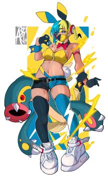 Rule 34 | 1girl, absurdres, alternate costume, animal ears, aqua hair, aryi077, asymmetrical legwear, bandeau, black gloves, black wrist cuffs, blonde hair, blue eyes, blue shorts, blue thighhighs, bow, bowtie, canari (pokemon), dark-skinned female, dark skin, eel, eelektross, fangs, full body, gen 5 pokemon, gloves, highres, holding, holding poke ball, looking at viewer, mask, mouth mask, multicolored hair, navel, nintendo, poke ball, pokemon, pokemon (creature), pokemon legends: z-a, quick ball, rabbit ears, red bow, red bowtie, red eyes, shoes, short shorts, short twintails, shorts, simple background, split-color hair, standing, thighhighs, thighs, twintails, two-tone hair, two-tone mask, white background, white shoes, wrist cuffs, yellow bandeau