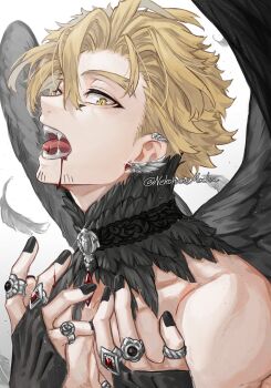 1boy alternate_costume black_feathers black_nails blonde_hair blood blood_from_mouth boku_no_hero_academia commentary fangs feathers hawks_(boku_no_hero_academia) highres jewelry looking_at_viewer male_focus multiple_rings nekohanemocha ring short_hair simple_background slit_pupils solo symbol-only_commentary teeth tongue twitter_username upper_body white_background wings yellow_eyes