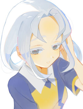 1girl akasode_matsuri_(inazuma_eleven) breasts grey_eyes hand_up inazuma_eleven_(series) inazuma_eleven_victory_road looking_at_viewer medium_hair parted_lips simple_background solo teeth user_dtzd4244 white_background