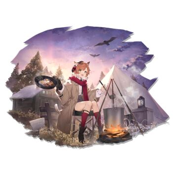 1girl :d animal_ear_fluff animal_ears arknights beret bird black_boots black_gloves black_hat black_shorts boots brown_coat brown_hair campfire cat_ears cat_girl cat_tail chair cloud coat collared_shirt cooking cooking_pot egg fang fire food frying_pan full_body gloves green_eyes hat highres holding holding_frying_pan holding_ladle iritoa ladle lantern long_sleeves looking_at_viewer mousse_(arknights) mousse_(campfire_cooking_smoke)_(arknights) necktie official_alternate_costume official_art open_clothes open_coat open_mouth orange_hair outdoors red_scarf red_socks scarf shirt short_hair shorts single_glove sitting sky smile socks solo stove tail tent transparent_background tree white_shirt