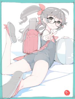 1girl ass backpack bag ball blush flat_chest glasses grey_hair kinomoto_(nazonoinu) loli long_hair looking_at_viewer looking_back one-piece_swimsuit original randoseru school_swimsuit slippers smile solo swimsuit twintails v yellow_eyes