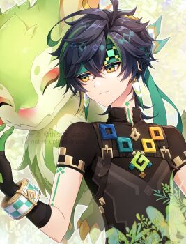 1boy 1other aqua_headband arm_tattoo black_gloves black_hair black_shirt closed_mouth earrings genshin_impact gloves green_gloves green_hair hair_between_eyes headband highres jewelry kinich_(genshin_impact) male_focus multicolored_hair neck_tattoo shirt short_hair short_sleeves streaked_hair tattoo thistle_lapis two-tone_gloves yumkasaurus_(genshin_impact)
