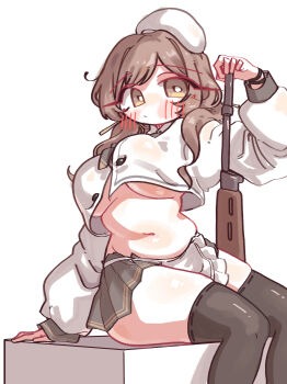 1girl absurdres apron arm_support battle_rifle belly black_skirt black_thighhighs bready_(nikke) breasts brown_eyes brown_hair commentary_request cropped_shirt fn_fal goddess_of_victory:_nikke gun hand_on_weapon highres holding holding_gun holding_weapon kaggasi korean_commentary large_breasts long_sleeves love_handles muffin_top patissier pleated_skirt plump popped_button rifle sitting skirt solo striped_blush thighhighs twisted_torso underboob waist_apron weapon zettai_ryouiki
