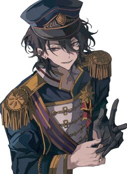 1boy adjusting_clothes adjusting_gloves aiguillette black_gloves black_hair blue_hat blue_shirt brooch collared_shirt earrings eccentric_five_(ensemble_stars!) ensemble_stars! gloves hair_between_eyes hat hat_ornament highres jewelry krank long_sleeves looking_at_viewer male_focus medium_hair peaked_cap sakuma_rei_(ensemble_stars!) sash shirt shoulder_sash single_glove smile solo stud_earrings upper_body white_background