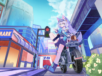 1girl absurdres animal_ears blue_boots blue_eyes blue_jacket blue_sky boots bridge bush chinese_commentary city cloud commentary_request contemporary convenience_store crosswalk day earpiece expressionless fingerless_gloves gloves highres jacket leaning_back leg_up leng_guang_jiu_juan looking_at_viewer messy_hair motor_vehicle motorcycle off_shoulder original outdoors road shop sidewalk single_thighhigh sky solo street_gutter streetwear tail thighhighs traffic_light urban white_hair white_thighhighs wolf_ears wolf_girl wolf_tail