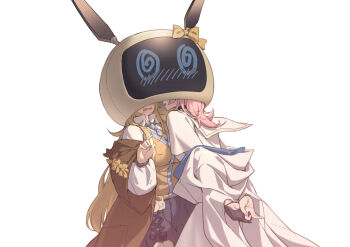 2girls @_@ animal_helmet arms_behind_back black_gloves black_skirt blonde_hair blue_nails blue_necktie blush bow breasts brown_coat cardigan_vest cartonbox_(zhixiang_zhi) chinese_commentary coat collared_shirt commentary face-to-face gloves hand_up heads_together helmet long_hair lynn_(path_to_nowhere) medium_breasts multiple_girls nail_polish necktie off_shoulder open_clothes open_coat open_mouth path_to_nowhere pink_hair pink_nails pleated_skirt purple_nails school_uniform screen serafuku shirt simple_background single_glove skirt summer_(path_to_nowhere) two-tone_necktie upper_body vest wavy_mouth white_background white_coat white_serafuku white_shirt yellow_bow yellow_necktie yellow_vest yuri