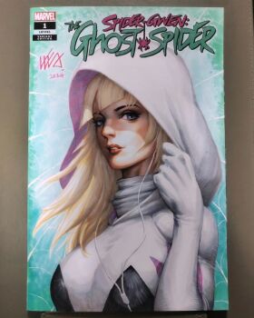 1girl 2024 aqua_background black_bodysuit blonde_hair blue_eyes blunt_bangs bodysuit cable character_name commentary copyright_logo cover_sketch english_commentary gwen_stacy headphones highres hood hood_up hooded_bodysuit kunkka logo long_hair marker_(medium) marvel multicolored_bodysuit no_mask parted_lips pen_(medium) solo spider-gwen spider-man_(series) spider-verse superhero_costume traditional_media upper_body white_bodysuit