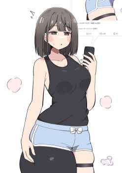 1girl asymmetrical_clothes black_hair black_leggings black_tank_top blue_shorts blush breasts brown_eyes cellphone cleavage gym_shorts hand_on_own_thigh holding holding_phone kooei leggings medium_breasts medium_hair open_mouth original phone reaction shirt short_shorts shorts single_pantsleg skindentation sleeveless sleeveless_shirt smartphone solo standing tank_top thick_thighs thigh_strap thighs twitter white_background