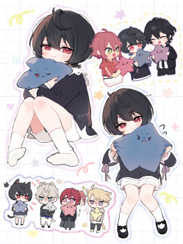 6+boys aged_down ahoge black_hair black_shirt black_shoes blue_eyes bow chibi chibi_inset child commentary ensemble_stars! full_body green_eyes grey_hair hair_between_eyes highres holding holding_pillow hugging_object isara_mao knees_together_feet_apart long_sleeves male_focus multiple_boys narukami_arashi pillow purple_bow purple_hair red_eyes red_hair sakuma_rei_(ensemble_stars!) sakuma_ritsu sayaomu sena_izumi_(ensemble_stars!) shirt shoes short_hair shorts sitting socks solo_focus star-shaped_pillow suou_tsukasa white_shirt white_shorts white_socks
