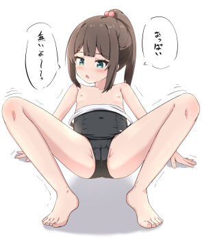 1girl absurdres barefoot black_one-piece_swimsuit blue_eyes blush brown_hair cameltoe clothes_pull commentary_request flat_chest full_body hair_bobbles hair_ornament hairclip highres loli looking_at_viewer m_legs medium_hair nipples one-piece_swimsuit one-piece_swimsuit_pull open_mouth original ponytail school_swimsuit solo speech_bubble spread_legs swimsuit takasuma_hiro toes translation_request trembling