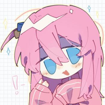! 1girl blue_eyes blush_stickers bocchi_the_rock! chinese_commentary commentary_request cube_hair_ornament eyelashes gotoh_hitori grid_background hair_between_eyes hair_ornament hands_up jacket long_hair long_sleeves nervous one_side_up open_mouth outline pink_hair puffy_long_sleeves puffy_sleeves sleeves_past_fingers sleeves_past_wrists smile solo sparkle spoken_exclamation_mark straight_hair track_jacket turn_pale turtleneck turtleneck_jacket upper_body white_background xianyu_fish yellow_outline zipper