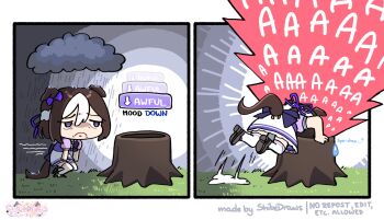 1girl animal_ears bags_under_eyes bow braid brown_hair chibi closed_mouth commentary ear_bow ears_down english_commentary frown half_up_braid highres horse_ears horse_girl horse_tail long_hair mood_(umamusume) multicolored_hair puffy_short_sleeves puffy_sleeves purple_bow purple_eyes purple_shirt rain raincloud sailor_collar sailor_shirt school_uniform screaming shibedraws shirt short_hair short_sleeves skirt special_week_(umamusume) speech_bubble tail thighhighs tracen_school_uniform tree_stump two-tone_hair umamusume water_drop white_hair white_sailor_collar white_skirt white_thighhighs