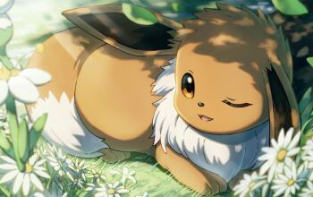 animal_focus brown_eyes dappled_sunlight eevee flower gen_1_pokemon grass leaf minami_yujiro nintendo no_humans one_eye_closed open_mouth outdoors pokemon pokemon_(creature) pokemon_focus pokemon_tcg second-party_source smile sunlight white_flower
