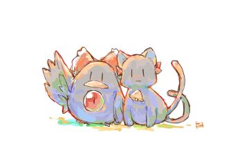 :3 bell bird bow cat closed_mouth full_body kaenbyou_rin kaenbyou_rin_(cat) multiple_tails no_humans reiuji_utsuho reiuji_utsuho_(bird) signature simple_background tail third_eye touhou two_tails white_background wings yamasina009