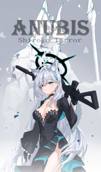 Rule 34 | 1girl, absurdres, ahoge, animal ear fluff, animal ears, anubis (mythology), assault rifle, black choker, black dress, black gloves, blue archive, blue eyes, breasts, broken halo, character name, choker, cleavage, closed mouth, commentary, cross hair ornament, dress, earrings, english text, extra ears, gloves, grey hair, gun, hair between eyes, hair ornament, halo, haoli mei an, highres, holding, holding gun, holding weapon, jacket, jewelry, large breasts, long hair, long sleeves, looking at viewer, medium breasts, mismatched pupils, over shoulder, rifle, shiroko terror (blue archive), sig sauer 556, solo, untranslatable commentary, very long hair, weapon, wide sleeves, wolf ears