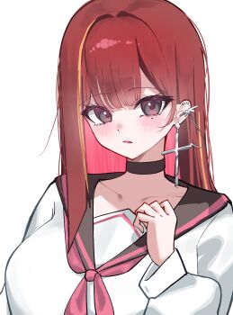 1girl absurdres akane_lize black_choker black_sailor_collar blush center-flap_bangs choker collarbone colored_inner_hair commentary cross cross_earrings dated_commentary double-parted_bangs earrings grey_eyes hand_up highres jewelry long_hair long_sleeves mole mole_under_eye multicolored_hair neckerchief parted_lips pink_neckerchief red_hair red_pupils sailor_collar sailor_shirt school_uniform shirt simple_background solo stellive straight_hair streaked_hair upper_body virtual_youtuber white_background white_shirt yeomhwauranyum