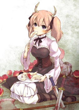 1girl akiyama_nenehisa apple apple_rabbit axe battle_axe blood brown_dress brown_ribbon commentary_request corset dated demon_girl demon_horns dress eating food food_art fruit hair_ribbon helmet highres horns linie_(sousou_no_frieren) long_sleeves looking_at_viewer neck_ribbon pink_hair pleated_skirt purple_eyes ribbon shirt signature sitting skirt solo sousou_no_frieren sword twintails wariza weapon