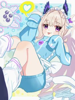 1girl :p absurdres aloupeep_(enna_alouette) blonde_hair blush commentary english_commentary enna_alouette head_wings heart highres jersey_maid long_sleeves looking_at_viewer loose_socks maid maid_headdress nijisanji nijisanji_en purple_eyes pxmgmp sleeves_past_fingers sleeves_past_wrists socks spoken_heart tongue tongue_out twintails unconventional_maid virtual_youtuber wings