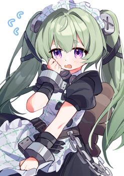 1girl absurdres animal_bag apron bear_bag black_dress black_ribbon chain commentary_request corin_wickes cuffs dress frilled_apron frilled_dress frilled_hairband frills green_hair hair_between_eyes hairband highres long_hair maid maid_apron maid_headdress mogu_kinoko open_mouth puffy_short_sleeves puffy_sleeves purple_eyes ribbon short_sleeves simple_background solo twintails white_apron white_background zenless_zone_zero