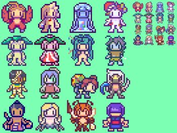 6+girls akai_(ugokashitari) aliasing antennae bee_girl dullahan flat_chest green_background harpy insect_girl insect_wings lamia lowres monster_girl multiple_girls pixel_art plant_girl short_hair simple_background sprite_sheet tagme tail wings
