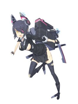 1girl ayaki bad_anatomy bad_perspective blush boots breasts cannon cardigan collared_shirt eyepatch fingerless_gloves full_body gloves headgear highres holding holding_sword holding_weapon kantai_collection left-handed medium_breasts necktie official_art open_mouth purple_hair school_uniform ship_turret shirt short_hair simple_background skirt solo sword tenryuu_(kancolle) thighhighs third-party_source torn_clothes torn_shirt torn_skirt torn_thighhighs transparent_background weapon yellow_eyes