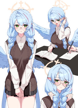 1girl absurdres alternate_costume bespectacled blue_archive blue_hair blush book braid breasts brown_sweater_vest glasses green_eyes halo highres holding holding_book holding_own_hair holding_pencil large_breasts long_hair long_sleeves mine_(blue_archive) multicolored_hair open_mouth pencil pink_hair pointy_ears round_eyewear seele0907 shirt solo streaked_hair sweater_vest thighs twin_braids white_shirt writing yellow_halo