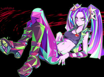 Rule 34 | 1girl, aria blaze, aria blaze (human), black background, black boots, black bra, blue hair, boots, bra, breasts, chuubatsu nagano, colored skin, colorful, commentary, gem, hair ornament, highres, jewelry, long hair, looking at viewer, multicolored hair, my little pony, my little pony: equestria girls, my little pony: friendship is magic, necklace, open clothes, open vest, pants, pendant, purple eyes, purple hair, purple pants, purple skin, reclining, red gemstone, simple background, small breasts, solo, sports bra, star (symbol), star hair ornament, streaked hair, twintails, two-tone hair, underwear, vest