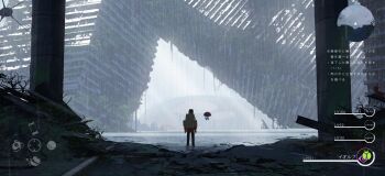 1girl absurdres asteroid_ill backpack bag building commentary_request gen_3_pokemon gen_8_pokemon heads-up_display health_bar highres jacket minimap nintendo orbeetle partially_submerged pavement pokemon pokemon_(creature) rain red_jacket scenery silcoon skyscraper standing translation_request user_interface water wide_shot