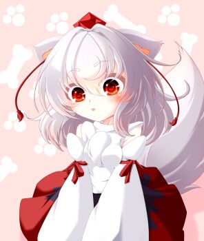 1girl :3 absurdres animal_ears black_skirt blush bone breasts commentary_request crossed_bangs detached_sleeves ears_down hair_between_eyes hat highres inubashiri_momiji long_sleeves medium_breasts medium_hair muumuu_(sirufuruteienn) open_mouth paw_print paw_print_background pink_background pom_pom_(clothes) red_eyes red_hat red_ribbon red_skirt ribbon ribbon-trimmed_sleeves ribbon_trim shirt sitting skirt smile solo tail tokin_hat touhou two-tone_skirt upper_body white_hair white_shirt wide_sleeves wolf_ears wolf_girl wolf_tail