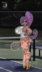 1girl animated ass blue_eyes bottomless breasts choker gold_choker gold_heels haloowl hand_on_own_hip high_heels high_ponytail huge_ass huge_breasts large_breasts leg_lift looking_at_viewer outdoors pointy_ears ponytail purple_hair pussy racket shantae shantae_(series) shoes solo split standing standing_on_one_leg standing_split tagme tennis_court tennis_racket thick_thighs thighs video yellow_shoes