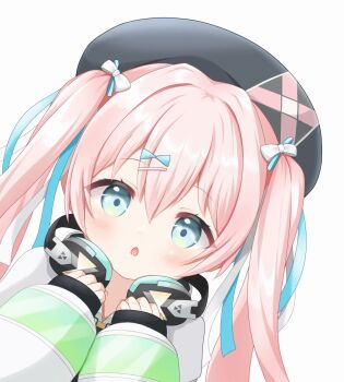 1girl aqua_eyes aqua_ribbon black_hat bow close-up hair_bow hair_ornament hair_ribbon hairpin hat headphones headphones_around_neck highres inurois jacket long_hair looking_at_viewer muv-luv muv-luv_girls_garden pink_hair ribbon sienna_clark solo twintails white_background white_bow white_jacket white_ribbon