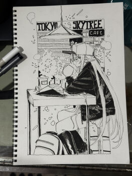 1girl absurdres backpack bag baseball_cap boots ceiling_light closed_eyes closed_mouth commentary cup disposable_coffee_cup disposable_cup english_commentary eudetenis feet_out_of_frame hat highres holding holding_cup jacket long_hair long_sleeves open_clothes open_jacket original photo_(medium) pleated_skirt pointy_ears sitting skirt solo stool table traditional_media tree very_long_hair