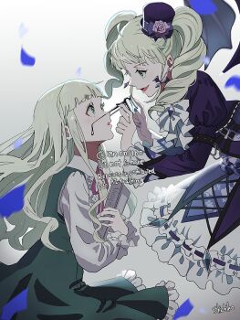 2girls aikatsu! aikatsu!_(series) blonde_hair blunt_bangs collared_shirt dress drill_hair dual_persona eye_contact frilled_skirt frills from_side gothic_lolita green_dress green_eyes hat highres holding holding_removed_eyewear idol_clothes jacket lolita_fashion long_hair long_sleeves looking_at_another mini_hat multiple_girls open_mouth petals pinafore_dress purple_hat purple_jacket shichiko_(kerori) shirt skirt sleeveless sleeveless_dress smile standing todo_yurika twin_drills twintails unworn_eyewear white_shirt