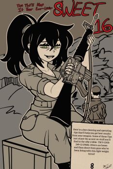 1girl alternate_costume assault_rifle black_hair breasts collarbone commentary english_commentary english_text green_eyes gun hair_between_eyes hair_tie highres holding holding_weapon instruction_manual jungle large_breasts looking_at_viewer m16 military_fatigues military_uniform nature renee_graves rifle rosededax smirk the_coffin_of_andy_and_leyley vietnam_war weapon