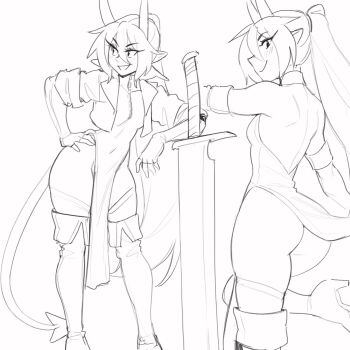 1girl ass backless_dress backless_outfit bare_back bare_shoulders boots breasts commentary cropped_jacket demon_tail dress english_commentary fingerless_gloves fold-over_boots gloves greyscale grin hair_between_eyes hand_on_own_hip high_heel_boots high_heels highres horns li_(rob_ishi) long_hair monochrome multiple_views no_panties original pelvic_curtain pointy_ears ponytail rob_ishi shoulder_blades simple_background sketch sleeves_rolled_up small_breasts smile sword tail thigh_boots thighhighs weapon