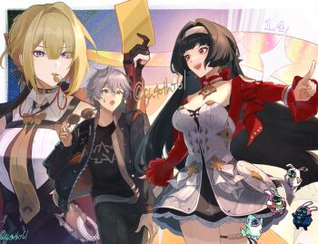 1boy 2girls astra_yao black_hair black_jacket black_pants black_shirt blonde_hair breasts brown_necktie dress eous_(zenless_zone_zero) evelyn_chevalier grey_hair hairband holding holding_removed_eyewear jacket long_hair medium_breasts mouth_hold multiple_girls necktie open_mouth pants purple_eyes red_eyes red_jacket shirt suitchi_(gn4othi61) unworn_eyewear whistle white_dress white_hairband wise_(zenless_zone_zero) zenless_zone_zero
