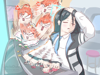 2girls anger_vein arcade arcade_cabinet aris_(blue_archive) blue_archive blue_halo closed_eyes commentary controller english_commentary halo hand_on_own_head highres joystick jujutsu_kaisen meme mole mole_under_eye multiple_girls naoya_hitting_choso_without_looking_(meme) neru_(blue_archive) rapid_punches school_uniform smear_frame uncleduk watermark