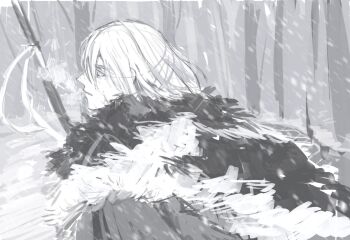1boy cape commentary dimitri_alexandre_blaiddyd dimitri_alexandre_blaiddyd_(timeskip) fire_emblem fire_emblem:_three_houses fur-trimmed_cape fur_trim greyscale highres looking_back male_focus medium_hair monochrome neroneroblack nintendo outdoors parted_bangs parted_lips polearm sketch snowing solo unfinished upper_body weapon